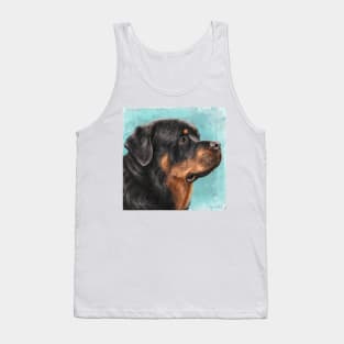 Painting of an Adorable Rottweiler from the Side, Light Blue Spattered Background Tank Top